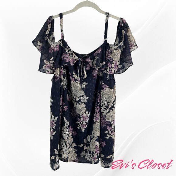 Torrid Navy Silver Pink Chiffon Plus Sz 3/ 22 Cold Shoulder Short Sleeve Top - Picture 6 of 16